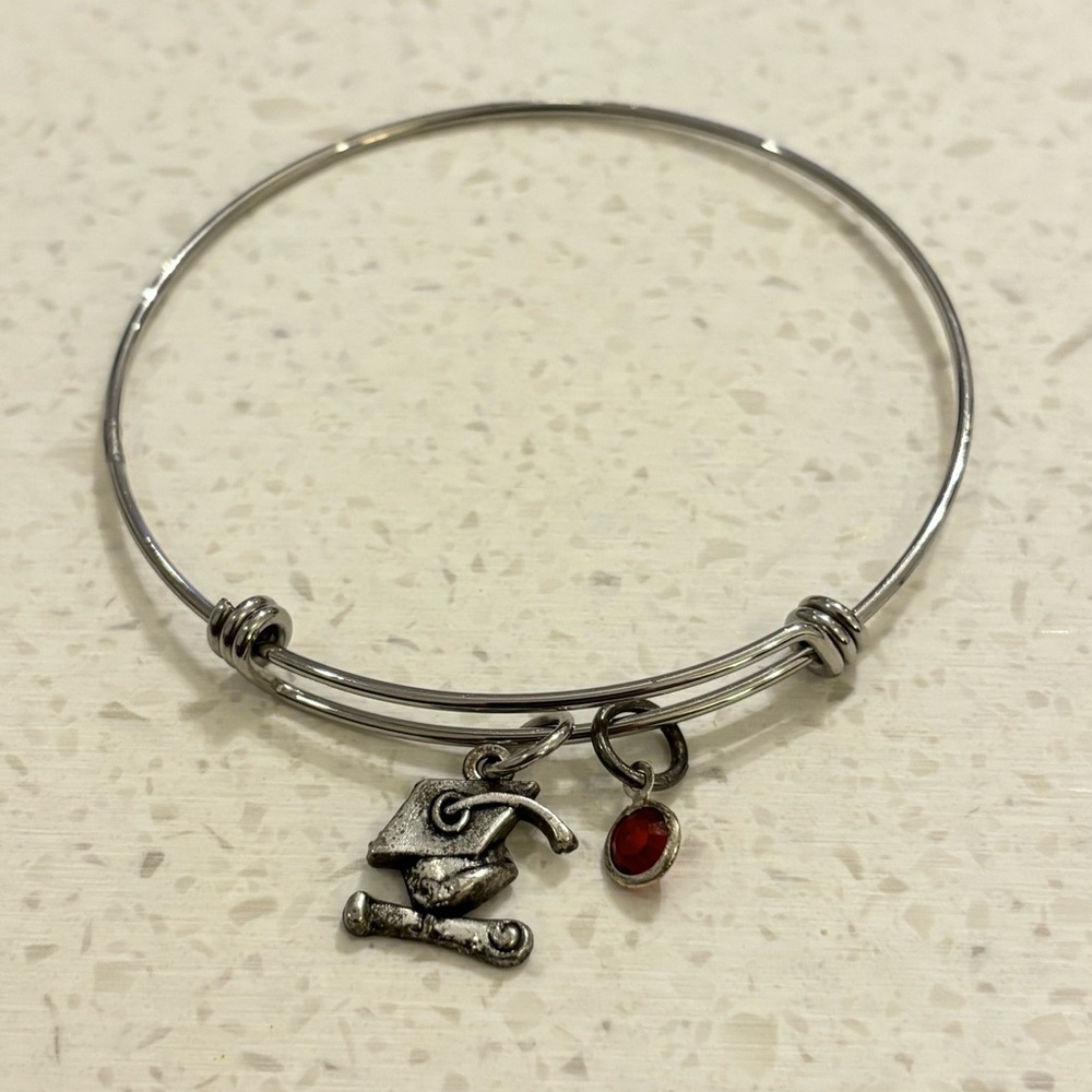 Graduation Wire Bangle Charm Bracelet Alex and Ani Style Antiqued Silver and Red